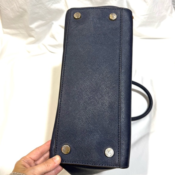 Michael Kors Selma Leather Navy Blue Gold Studded Satchel Handbag Tote XL $428 - Picture 5 of 13